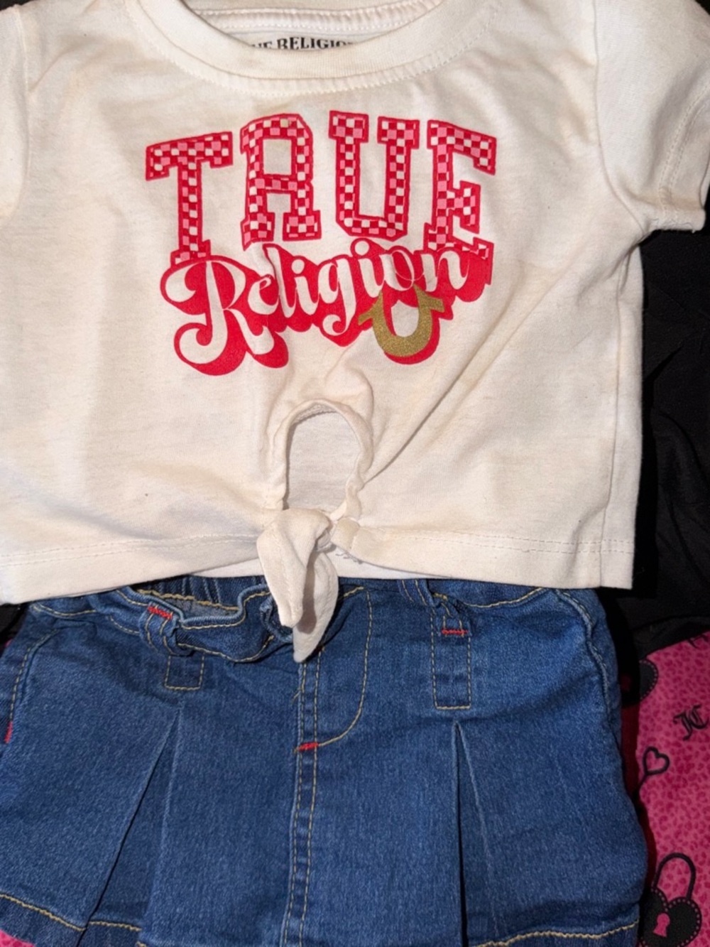True Religion White Tee with Pink and Gold Logo and Blue Denim Skirt